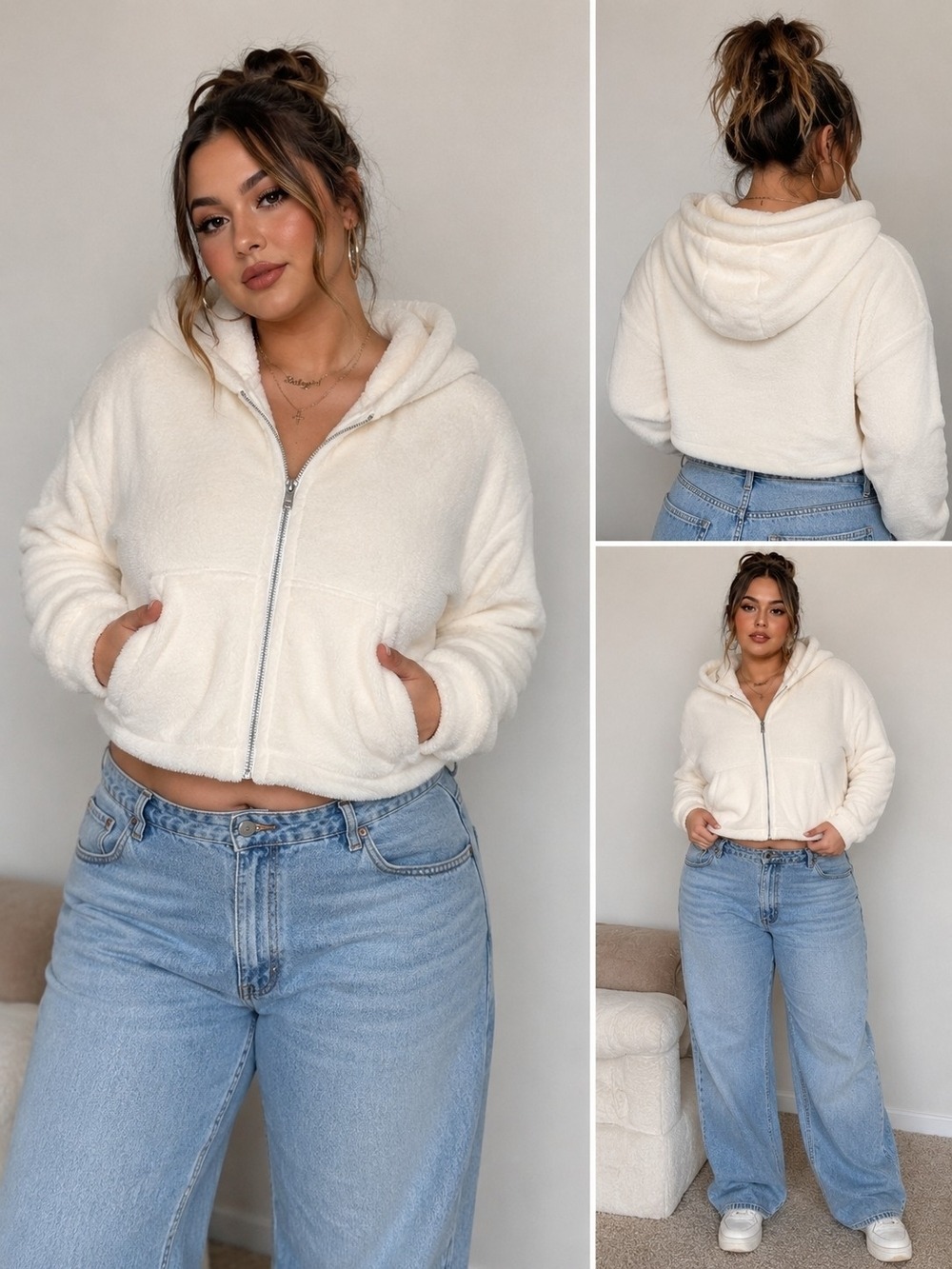 Hippie Rose Women's Plush Zip-Up Hoodie Jacket – XL – Ivory/Cream – Soft Fleece
